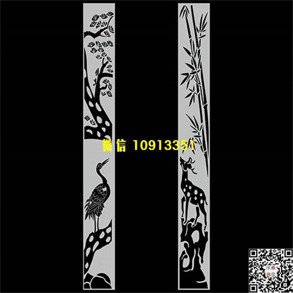 精雕图172鹿鹤竹子柱子精雕图线雕图线条图单线铣底图_电脑雕刻plt文泰矢量图精雕图浮雕图